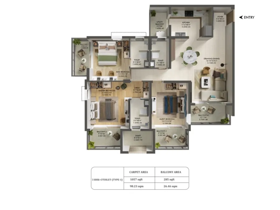Ashiana Aaroham — Ashiana Aaroham Sector 80 Gurgaon Floor Plan 3 Bhk 3T Type 1 1024x768 floor plan