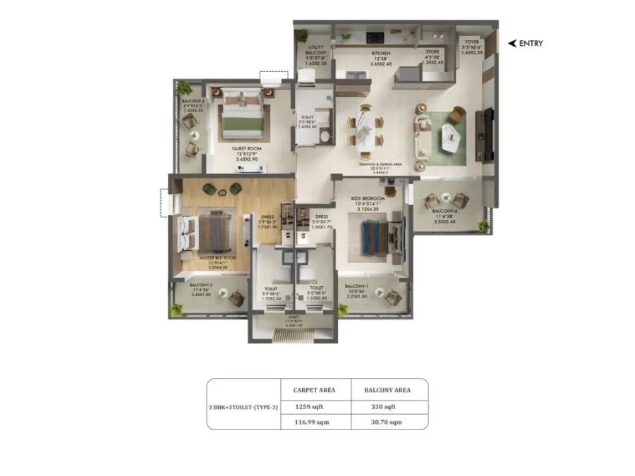 Ashiana Aaroham — Ashiana Aaroham Sector 80 Gurgaon Floor Plan 3 Bhk 3T Type 3 1024x768 floor plan